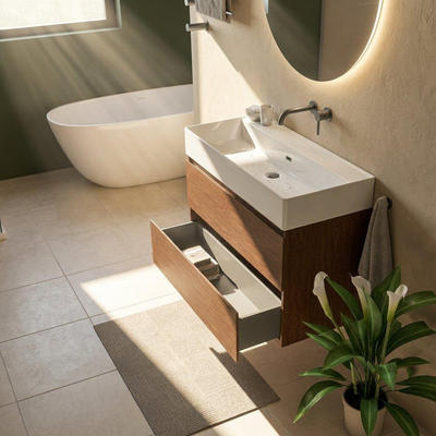 Saniclass Holz Pure Ensemble de meubles de salle de bains - 100x45x72cm - Legend lavabo en céramique blanc - 1 vasque - sans trou de robinet - 2 tiroirs - noyer pure mat (bois)
