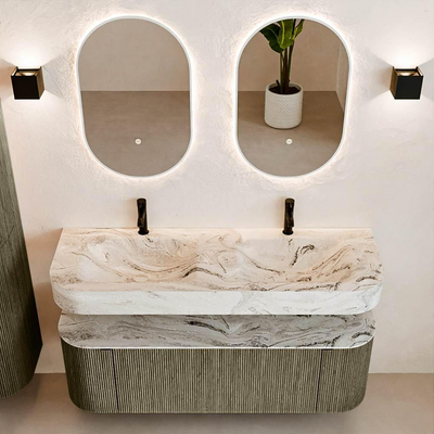 MONDIAZ THOR-DLUX 140cm meuble de salle de bains arrondi gauche + droite couleur Shadow avec 1 tiroir et 2 portes. Vasque suspendue CLOUD Double 2 trous de robinet couleur Glace.