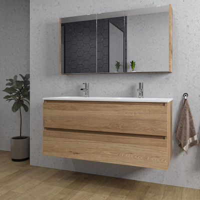 Saniclass Chaci Ensemble meuble de salle de bains - 120x46x55cm - vasque en céramique blanche - 2 lavabos - 2 trous de robinet - 2 tiroirs - armoire de toilette - chêne