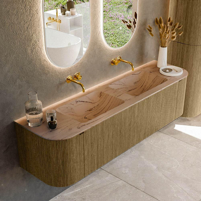 MONDIAZ KURVE-DLUX Meuble de salle de bains 170cm arrondi à gauche + à droite couleur Dusk avec 1 tiroir et 2 portes. Lavabo LEAF double sans trou de robinet Arena.