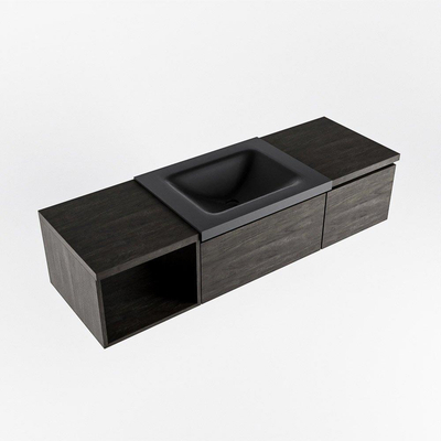 MONDIAZ BUKLA 140cm ensemble de meuble avec module ouvert 40 gauche couleur Marron Foncé avec 2 tiroirs. Lavabo CLOUD droit 1 trou de robinet couleur Urban.