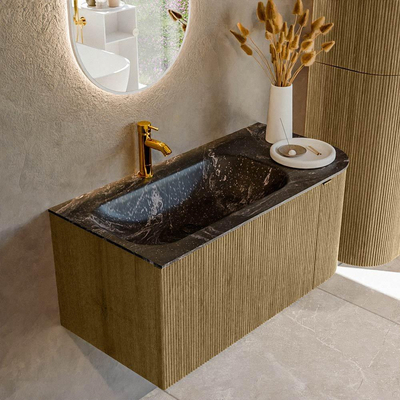 Mondiaz KURVE-DLUX Badkamermeubelset - 95x46x40cm - 1 lade - 1 deur - wastafel solid surface - links - 1 kraangat - Dusk
