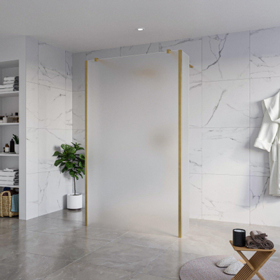 Fortifura Galeria Vrijstaande Inloopdouche - 120x200cm - glas mat - antikalk - 8mm veiligheidsglas - 2 zijwanden - 30cm - wandsteunen en hoekprofielen - PVD - geborsteld messing (goud)
