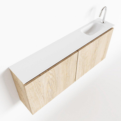 MONDIAZ TURE Toiletmeubel 120x23x50cm met 1 kraangaten 2 deuren washed oak mat Wastafel Eden rechts Solid Surface Wit