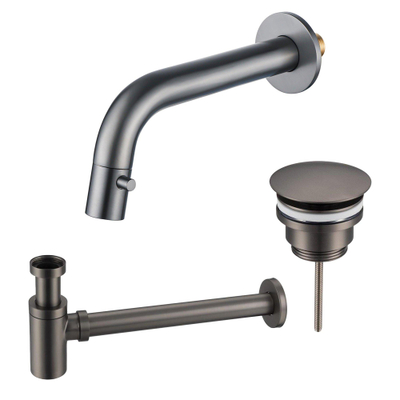 Fortifura Calvi Fonteinkraanset - inbouw - uitloop - 18cm - inkortbaar - sifon - always open plug - PVD - geborsteld gunmetal (antraciet)