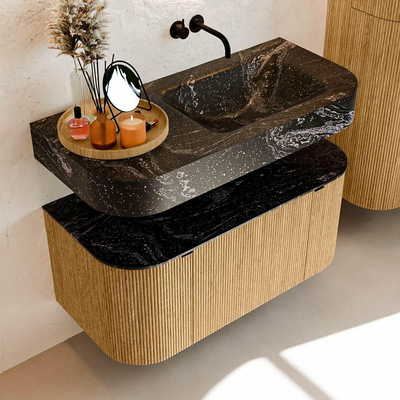 MONDIAZ THOR-DLUX 100cm badmeubel ronding links + rechts kleur Oak met 1 lade en 2 deuren. Vrijhangende wastafel CLOUD Rechts zonder kraangat kleur Lava.