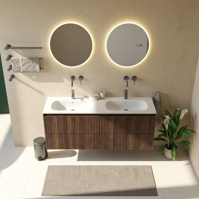 Saniclass Holz Atelier Ensemble meuble de salle de bains - 160x45x61.5cm - Flow lavabo en solid surface blanc - 2 vasques - sans trous de robinetterie - 4 tiroirs - chêne charcoal mat (bois)