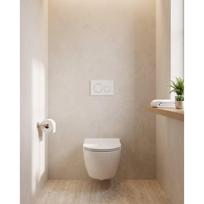 QeramiQ Dely Swirl Compact Toiletset - inbouwreservoir Geberit UP320 - met Burda frame - slim zitting - kunststof bedieningsplaat glans wit - ronde knoppen - mat wit