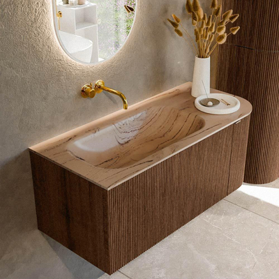 MONDIAZ KURVE-DLUX Meuble de salle de bains 105cm arrondi à droite couleur Walnut avec 1 tiroir et 1 porte. Lavabo BIG SMALL à gauche sans trou de robinet Arena.