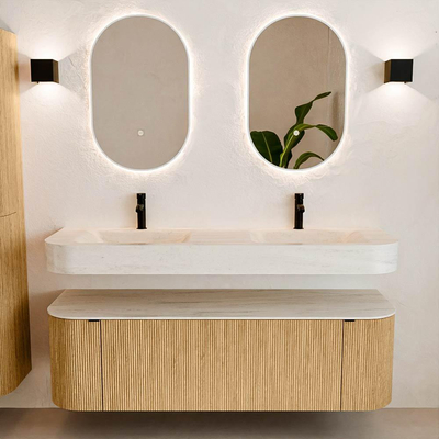 MONDIAZ THOR-DLUX 150cm badmeubel ronding links + rechts kleur Oak met 1 lade en 2 deuren. Vrijhangende wastafel CLOUD Dubbel 2 kraangaten kleur Meli.