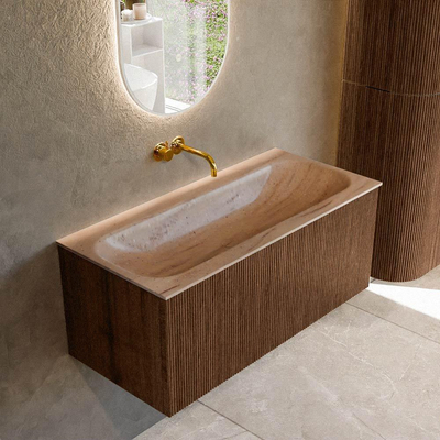 MONDIAZ KURVE-DLUX Meuble de salle de bains 100cm couleur Walnut avec 1 tiroir et 0 portes. Lavabo BIG MEDIUM Centre sans trou de robinet Saba.