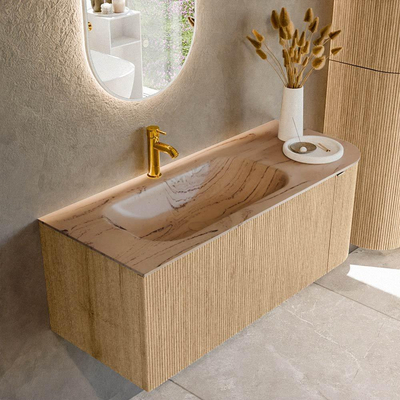 MONDIAZ KURVE-DLUX Meuble de salle de bains 115cm arrondi à droite couleur Chêne avec 1 tiroir et 1 porte. Lavabo BIG SMALL à gauche 1 trou de robinet Arena.