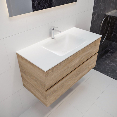 ENSEMBLE DE MEUBLE MONDIAZ VICA - 100cm - 2 tiroirs - lavabo Cloud central - 1 trou de robinet - solid surface chêne blanchi