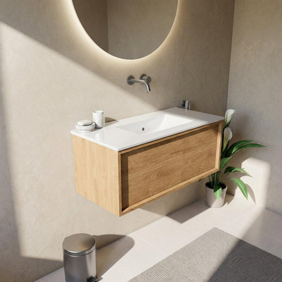 Saniclass Holz Frame Ensemble meuble de salle de bains - 100x45x42cm - lavabo Vygo en céramique blanc - 1 vasque - sans trou de robinet - 1 tiroir - chêne natural mat (bois)