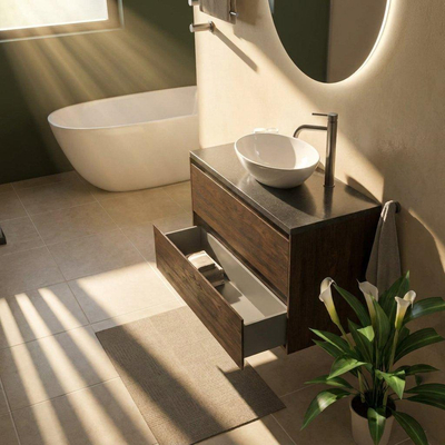 Saniclass Holz Pure Ensemble de meuble de salle de bains - 100x45x63cm - Plan vasque en basalte Noche poli (noir) - 1 trou de robinet - 2 tiroirs - chêne charcoal mat (bois)