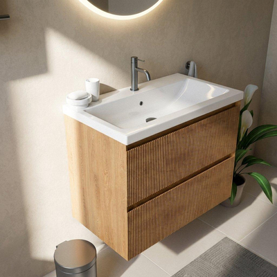 Saniclass Holz Atelier Ensemble meuble de salle de bains - 80x45x63.5cm - Lavabo Bari en céramique blanc - 1 vasque - 1 trou de robinetterie - 2 tiroirs - chêne natural mat (bois)