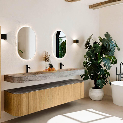 MONDIAZ THOR-DLUX 200cm meuble de salle de bains arrondi gauche + droite couleur Oak avec 2 tiroirs et 2 portes. Vasque suspendue CLOUD Double 2 trous de robinet couleur Oza.