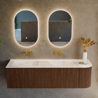 MONDIAZ KURVE-DLUX 155cm badmeubel met module 25 R kleur Walnut met 2 lades en 1 deur. Wastafel LEAF dubbel / links zonder kraangat kleur Ostra.