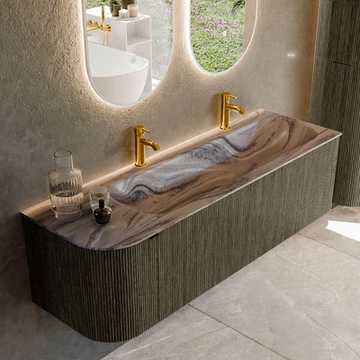 MONDIAZ KURVE-DLUX 145cm meuble de salle de bains arrondi Gauche couleur Shadow avec 1 tiroir et 1 porte. Lavabo BIG LARGE Droite 2 trous de robinet Sombra.