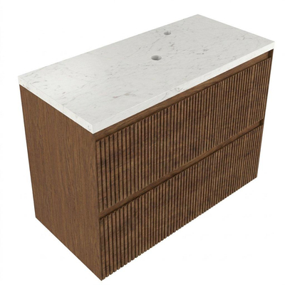 Saniclass Holz Atelier Ensemble de meubles de salle de bains - 100x45x63cm - Plan vasque en marbre Dia poli (blanc) - 1 trou de robinet - 2 tiroirs - noyer pure mat (bois)