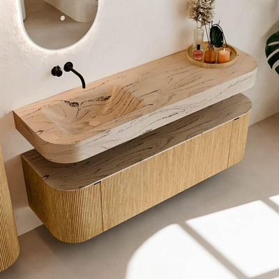 MONDIAZ THOR-DLUX 150cm badmeubel ronding links + rechts kleur Oak met 1 lade en 2 deuren. Vrijhangende wastafel CLOUD Links zonder kraangat kleur Arena.