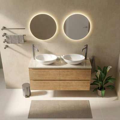 Saniclass Holz Pure Ensemble meuble de salle de bains - 140x45x63cm - Plan en pierre naturelle travertin - 2 trous de robinetterie - 4 tiroirs - chêne natural mat (bois)