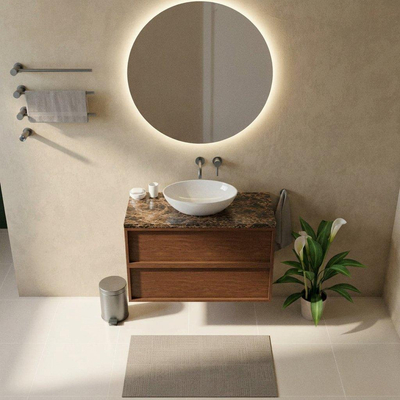 Saniclass Holz Frame Ensemble de meubles de salle de bains - 100x45x63cm - Plan de toilette en pierre naturelle Noche dark emperador - sans trou de robinetterie - 2 tiroirs - walnut pure mat (bois)