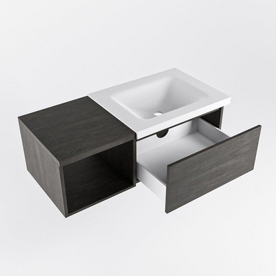 MONDIAZ BUKLA 100cm ensemble de meuble avec module ouvert 40 couleur Marron Foncé avec 1 tiroir. Lavabo CLOUD à droite 0 trous de robinet couleur Talc.
