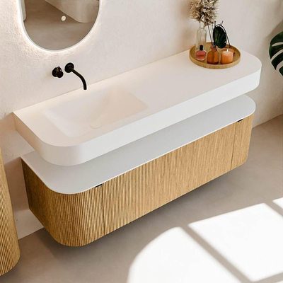 MONDIAZ THOR 150cm meuble de salle de bains arrondi gauche + droite couleur Oak avec 1 tiroir et 2 portes. Vasque suspendue CLOUD Gauche sans trou de robinet couleur Talc.