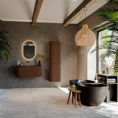 MONDIAZ KURVE-DLUX Meuble de salle de bains 100 cm avec module 25 Len R couleur Walnut avec 1 tiroir et 2 portes. Lavabo GRUNNE central sans trou de robinet couleur Lava.