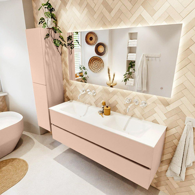 MONDIAZ VICA Ensemble meuble de salle de bains - 150cm - meuble bas rosee - 2 tiroirs - lavabo cloud double - sans trous de robinet - version haute 60cm - talc