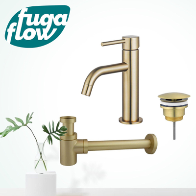 FugaFlow Eccelente Sobrado Badkamer Slim Wastafelkraanset - lage wastafelkraan - always open plug - verlaagde design sifon - PVD Geborsteld Messing