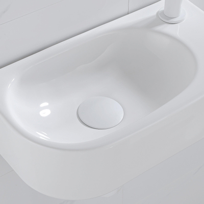 QeramiQ Fuente Ensemble de Lavabo - 40x21.5x12cm - droit - lisse - demi-rond - 1 trou de robinet - céramique - ensemble de robinet blanc mat - bouchon de vidange - siphon abaissé - blanc brillant
