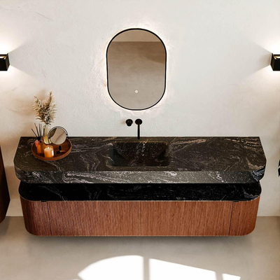 MONDIAZ THOR-DLUX 200cm meuble de salle de bains arrondi gauche + droite couleur Ruby avec 2 tiroirs et 2 portes. Vasque suspendue CLOUD Milieu sans trou de robinet couleur Lava.