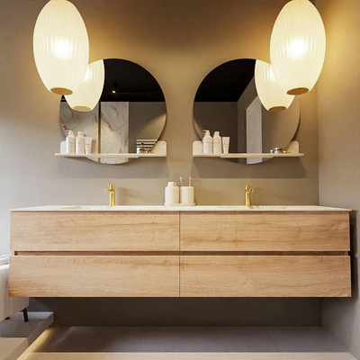 MONDIAZ VICA-DLUX Ensemble meuble de salle de bains - 200cm - meuble bas chêne lavé - 4 tiroirs - vasque encastrée cloud double - 2 trous de robinet - version haute 60cm - frape