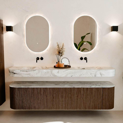 MONDIAZ THOR-DLUX Meuble de salle de bains - 190cm - arrondi gauche + droite - couleur Walnut - 2 tiroirs et 2 portes - Vasque suspendue CLOUD Double sans trou de robinet - couleur Glace