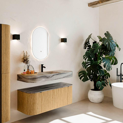 MONDIAZ THOR-DLUX 120cm meuble de salle de bains arrondi gauche + droite couleur Oak avec 1 tiroir et 2 portes. Vasque suspendue CLOUD Milieu 1 trou de robinet couleur Sombra.