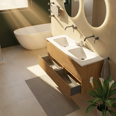 Saniclass Holz Atelier Ensemble de meubles de salle de bains - 140x45x77.5cm - lavabo Torino en solid surface blanc - sans trou de robinetterie - 4 tiroirs - chêne natural mat (bois)