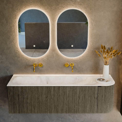 Mondiaz KURVE-DLUX Ensemble meuble de salle de bains - 145x46x40cm - 1 tiroir - 1 porte - vasque solid surface - gauche - sans trou de robinet - Shadow