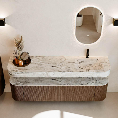 MONDIAZ THOR-DLUX 180cm meuble de salle de bains arrondi gauche + droite couleur Walnut avec 2 tiroirs et 2 portes. Vasque suspendue CLOUD Droite 1 trou de robinet couleur Glace.