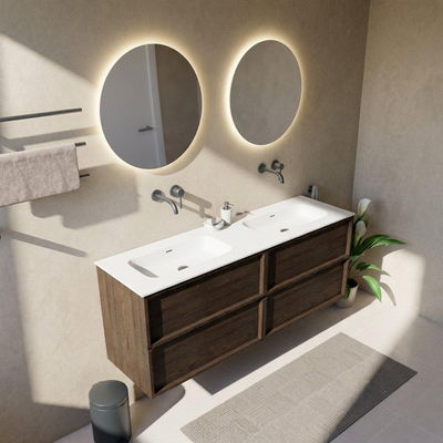 Saniclass Holz Frame Ensemble de meubles de salle de bains - 160x45x61.5cm - Flow lavabo en solid surface blanc - 2 vasques - sans trous de robinetterie - 4 tiroirs - chêne charcoal mat (bois)