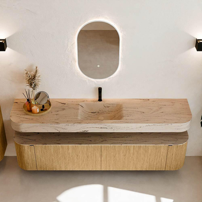 MONDIAZ THOR-DLUX 200cm meuble de salle de bains arrondi gauche + droite couleur Oak avec 2 tiroirs et 2 portes. Vasque suspendue CLOUD Milieu 1 trou de robinet couleur Arena.