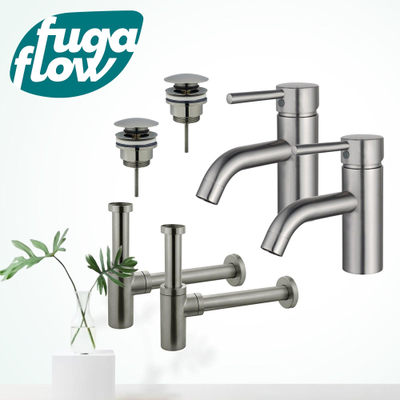FugaFlow Eccelente Sobrado Badkamer Wastafelkraanset - voor dubbele wastafel - lage wastafelkraan - klikwaste plug - design sifon - PVD Geborsteld RVS