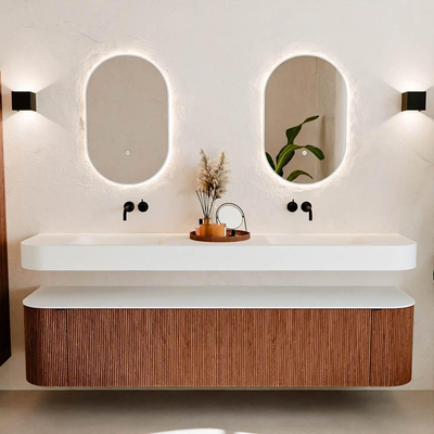 MONDIAZ THOR Meuble de salle de bains - 200cm - arrondi gauche + droite - couleur Ruby - 2 tiroirs et 2 portes - Vasque suspendue CLOUD Double sans trou de robinet - couleur Talc