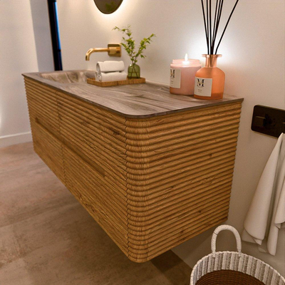 Mondiaz CIRO-DLUX Badkamermeubelset - 130x45x50cm - Solid surface wastafel Sombra - 1 wasbak Links - zonder kraangaten - 4 lades - Oak
