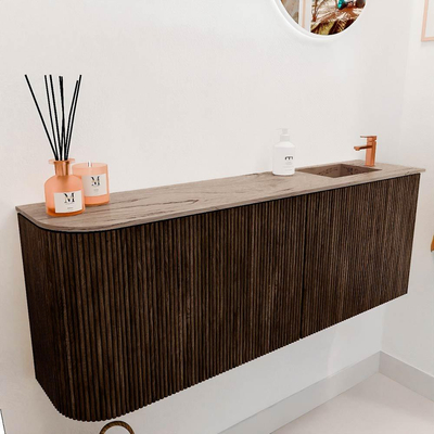 Mondiaz JOYA-DLUX 111.6cm toiletmeubel - ronding links kleur Walnut - Wastafel FAYE positie Rechts 1 kraangat kleur Arena.