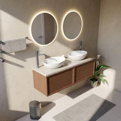 Saniclass Holz Frame Ensemble de meubles de salle de bains - 140x45x43cm - Plateau en pierre naturelle travertin - 2 trous de robinet - 2 tiroirs - noyer pur mat (bois)