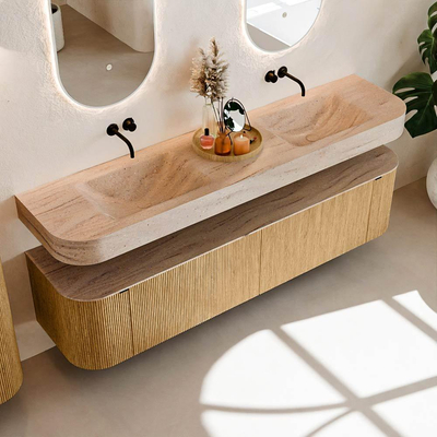 MONDIAZ THOR-DLUX Meuble de salle de bains - 190cm - arrondi gauche + droite - couleur Oak - 2 tiroirs et 2 portes - Vasque suspendue CLOUD Double sans trou de robinet - couleur Saba