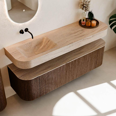 MONDIAZ THOR-DLUX 160cm meuble de salle de bains arrondi gauche + droite couleur Walnut avec 1 tiroir et 2 portes. Vasque suspendue CLOUD Gauche sans trou de robinet couleur Saba.