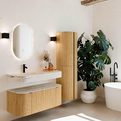 MONDIAZ THOR-DLUX 110cm badmeubel ronding links + rechts kleur Oak met 1 lade en 2 deuren. Vrijhangende wastafel CLOUD Links 1 kraangat kleur Nata.